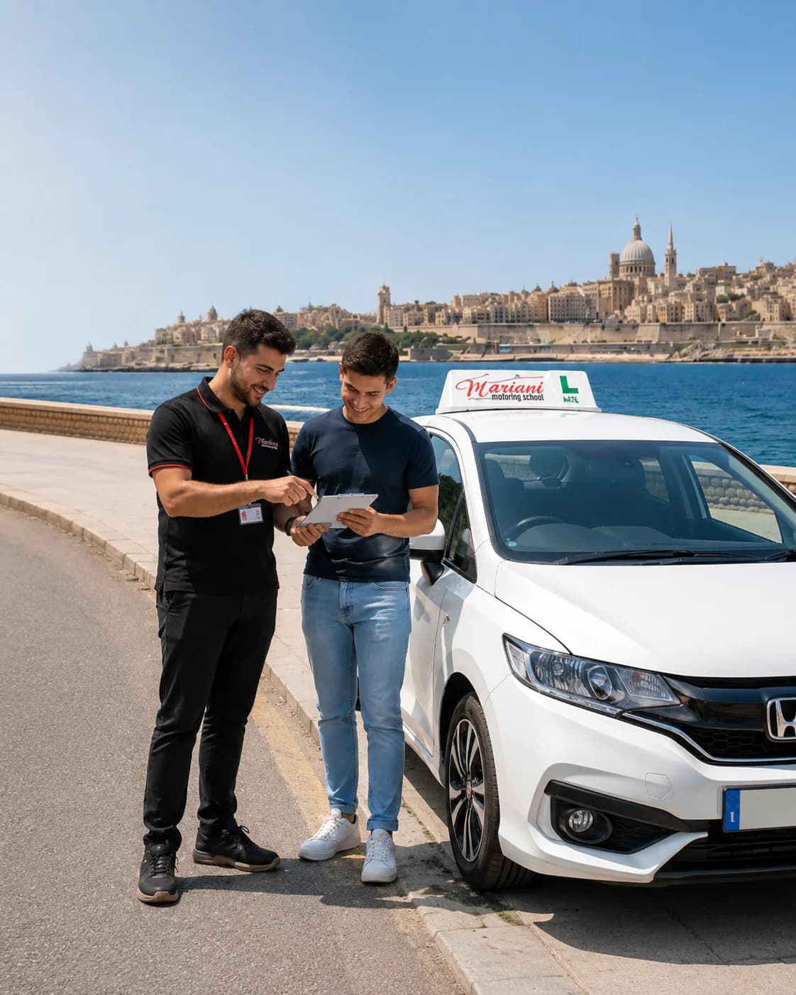 A Mariani instructor reviewing a lesson with a learner beside a white Honda training car in Malta