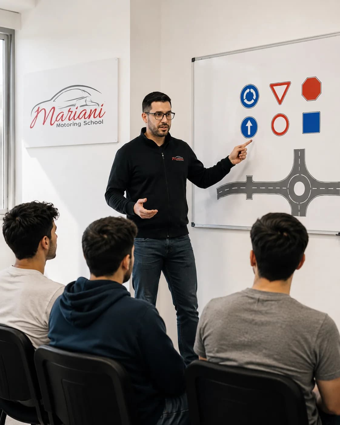 A driving theory instructor explaining road signs to a classroom of adult learners