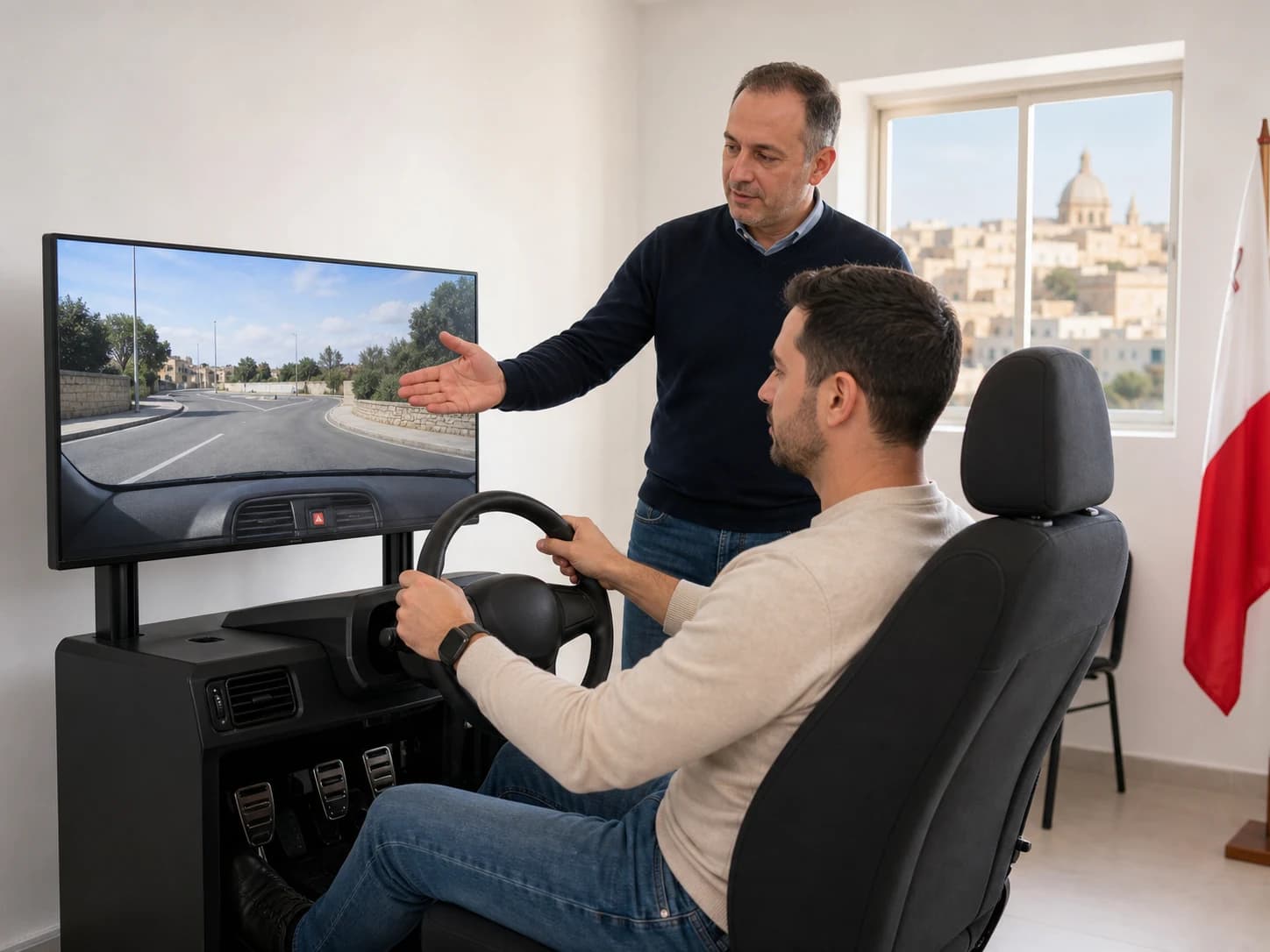 An adult learner practising vehicle control on a driving simulator with an instructor