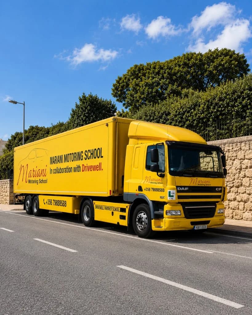 Yellow Mariani training truck with school branding