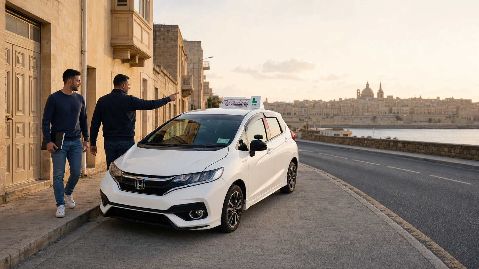 A Mariani learner and instructor beside a training car in Malta