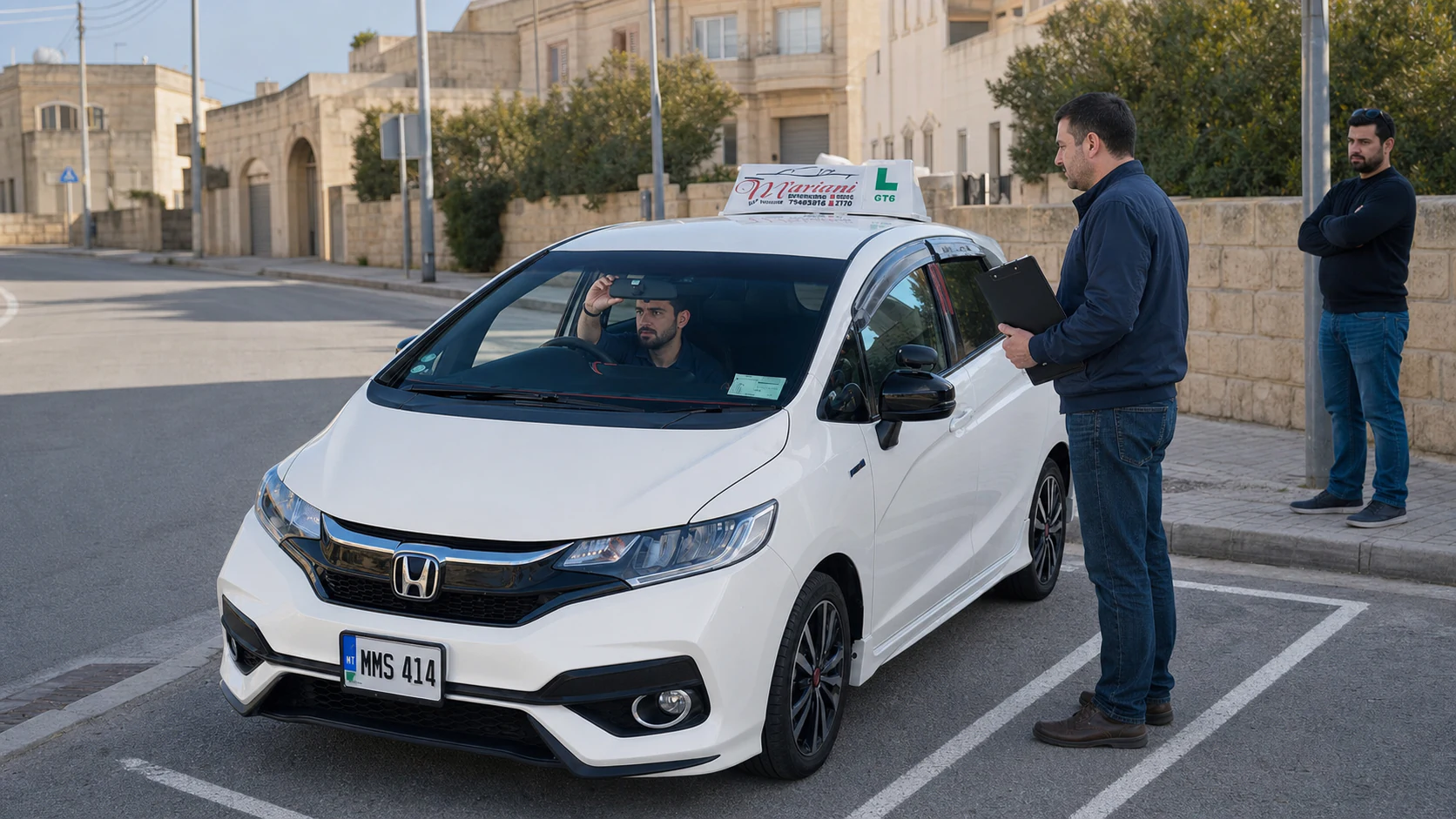 A learner driver at the wheel during a practical driving test